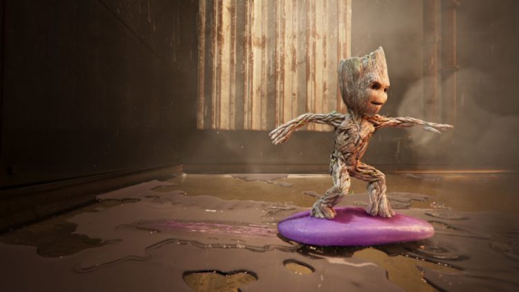 Groot riding a pink surfboard in I Am Groot