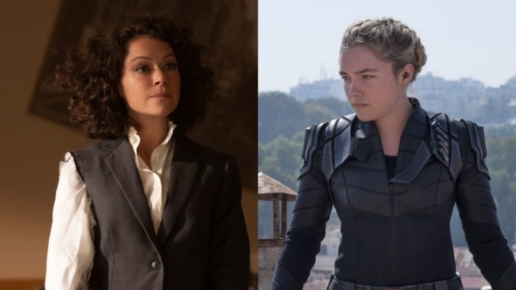 Tatiana Maslany as Jennifer Walters in a court room and Florence Pugh as Yelena Belova in a black outfit on a rooftop in Black Widow