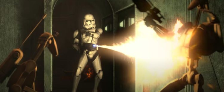 As clone trooper from the bad batch incinrates a droid with a flamethrower