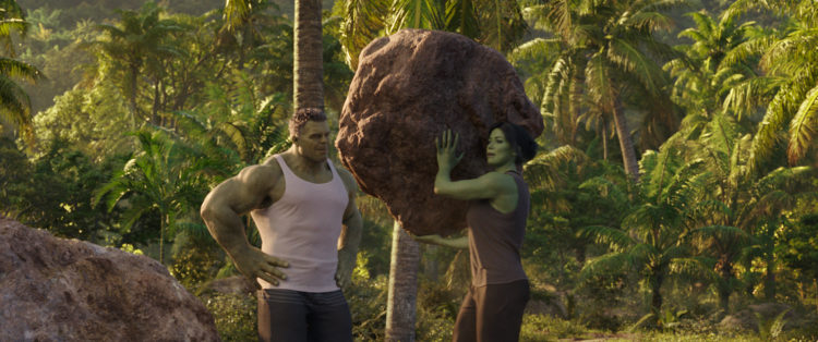 Mark Ruffalo as Smart Hulk / Bruce Banner and Tatiana Maslany as Jennifer "Jen" Walters/She-Hulk throwing boulders in She-Hulk: Attorney at Law