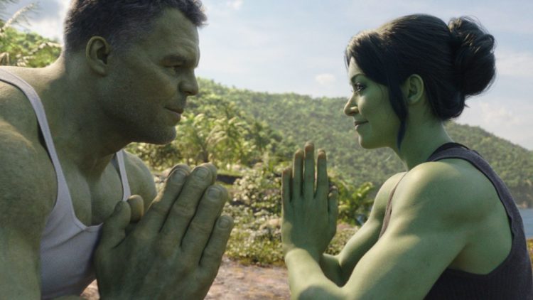 Mark Ruffalo as Smart Hulk / Bruce Banner and Tatiana Maslany as Jennifer "Jen" Walters/She-Hulk meditating in She-Hulk: Attorney at Law