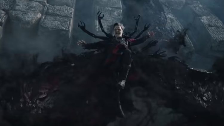 Benedict Cumberbatch as Zombie Strange floating as Mount Wundagore in Doctor Strange in the Multiverse of Madness