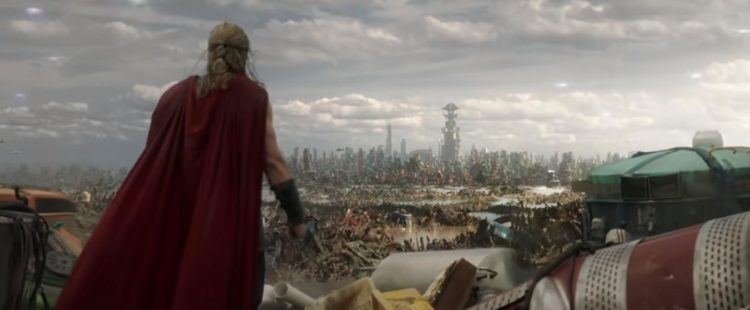 Chris Hemsworth as Thor overlooking Sakaar in Thor: Ragnarok