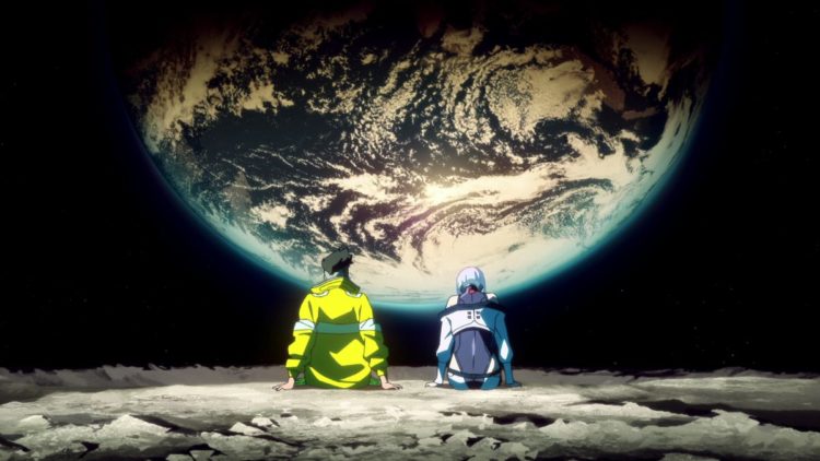 Kenn as David Martinez and Aoi Yuki as Lucy sitting watching the moon in Cyberpunk: Edgerunners