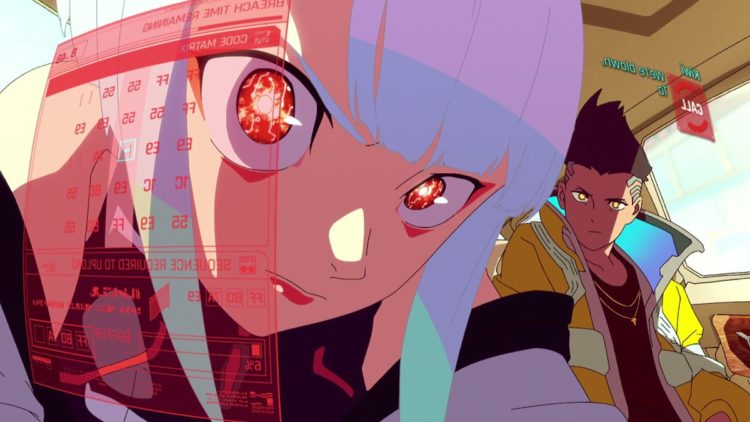Aoi Yuki as Lucy and Kenn as David Martinez scanning cybernetics in Cyberpunk: Edgerunners