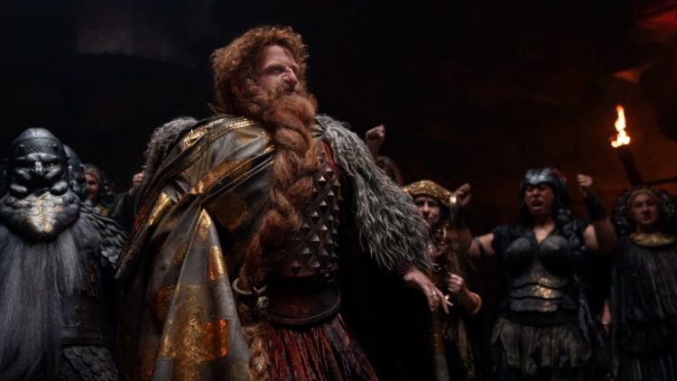 Owain Arthur as Prince Durin chanting in The Rings of Power