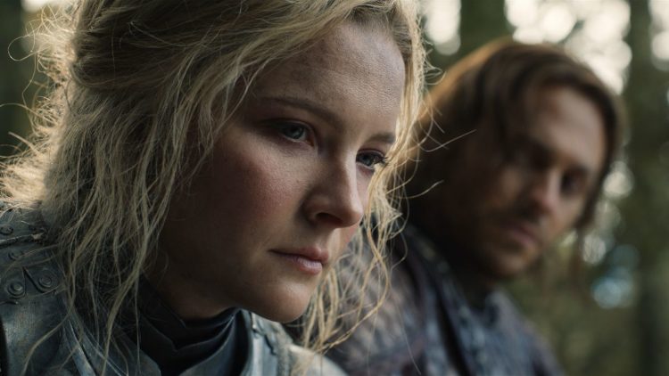 Galadriel and Halbrand talking closeup in The Lord of the Rings: The Rings of Power
