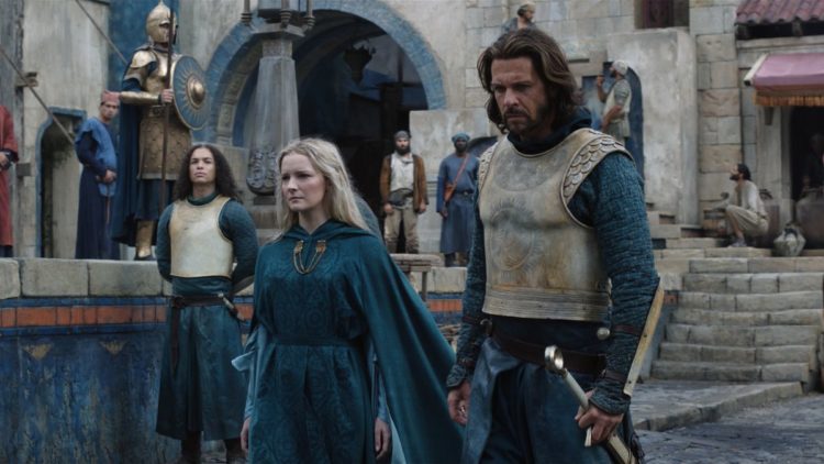 Morfydd Clark as Galadriel and Lloyd Owen as Elendil on the port in The Rings of Power