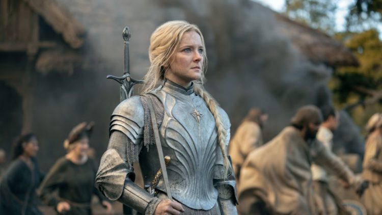 Morfydd Clark as Galadriel in full armor in the Southlands in The Rings of Power Episode 6