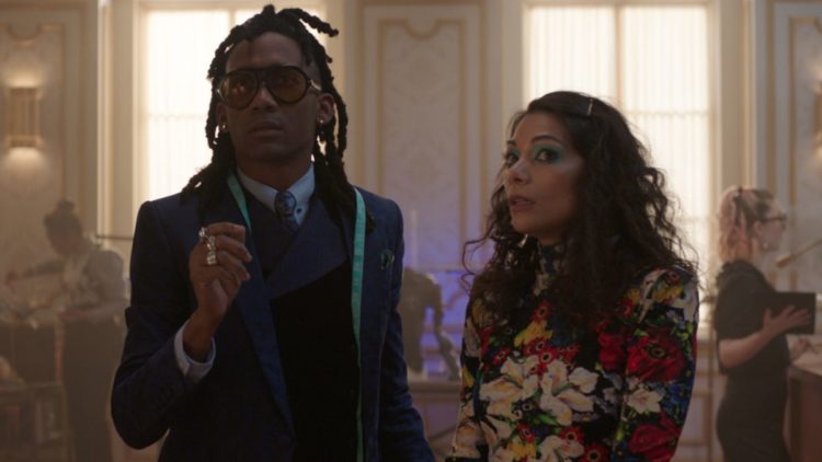 Griffin Matthews as Luke Jacobson and Ginger Gonzaga as Nikki Ramos in the designer's studio in She-Hulk: Attorney at Law
