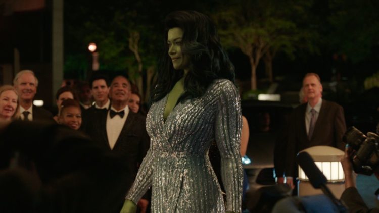 Tatiana Maslany as Jennifer "Jen" Walters/She-Hulk wearing a silver dress in She-Hulk: Attorney at Law