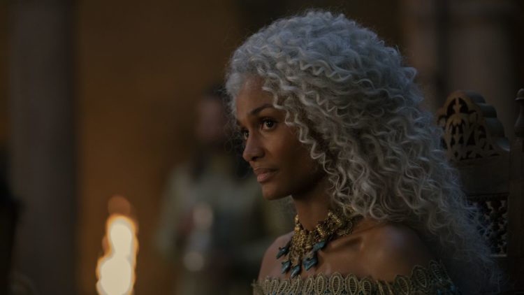 Nanna Blondell as Laena sitting at a table in House of the Dragon Episode 6
