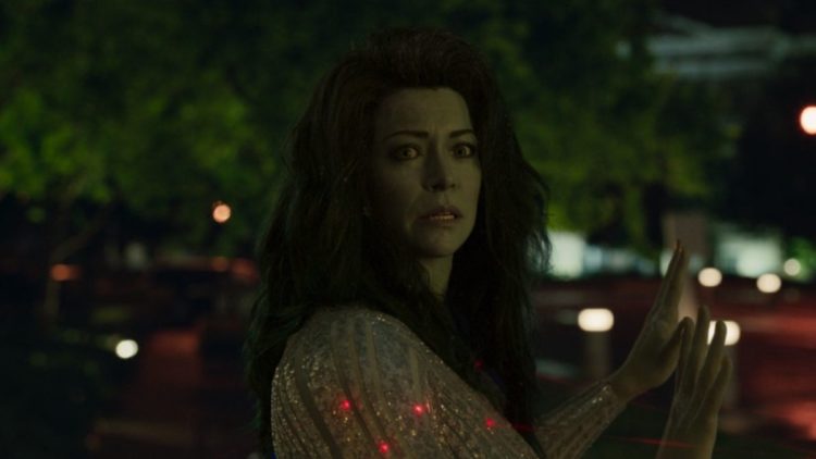 Tatiana Maslany as She-Hulk in a silver dress in She-Hulk: Attorney at Law Episode 8