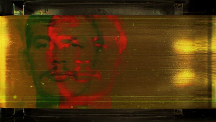 Promotional red and yellow image of Dahmer in Conversations With A Killer: The Jeffrey Dahmer Tapes