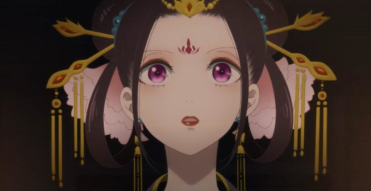 Jusetsu Ry? stars in wonder at a tapestry in her traditional head dress