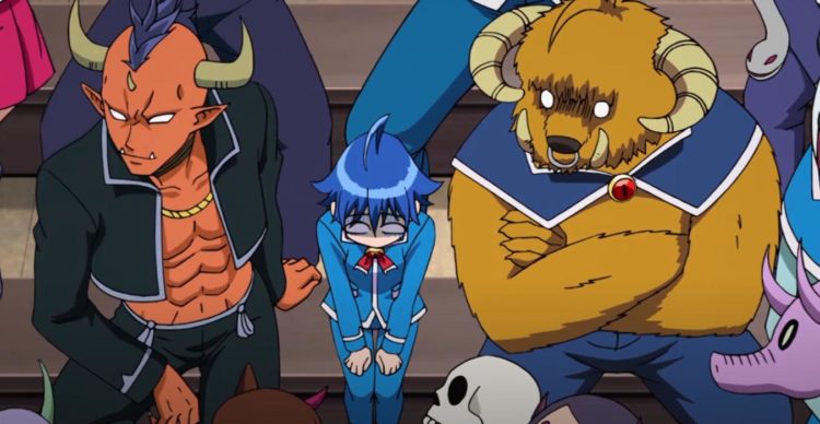 Iruma sits embarrassed in between two giant demons sat in a lecture hall
