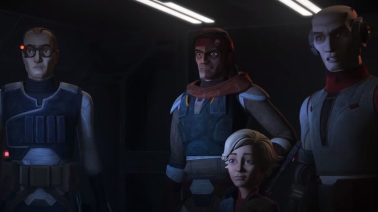 Clone Force 99 crew, voiced by Dee Bradley Baker, watching a screen in Star Wars: The Bad Batch Season 2 including Tech