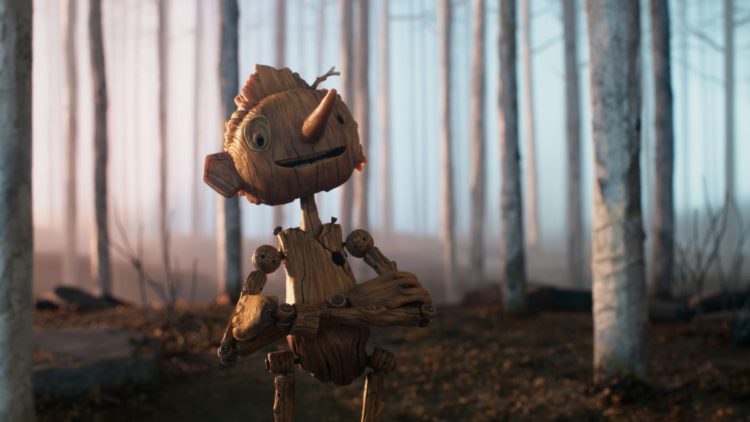 Pinocchio (voiced by Gregory Mann) in the woods in Guillermo del Toro's Pinocchio