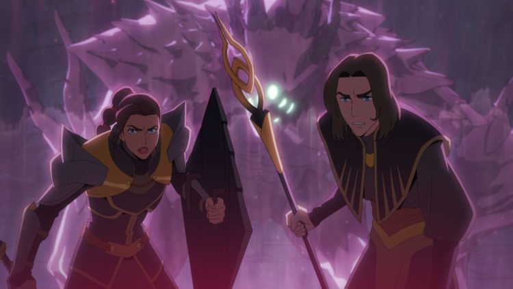 Zehra Fazal as Tassia and Josh Keaton as Rezaren Ammosine in Dragon Age: Absolution