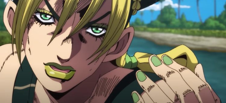 Jolyne Cujoh beckons a fight on as she stands on a river bank