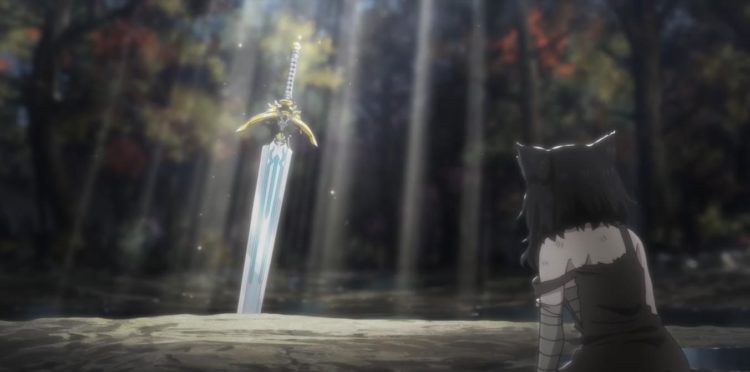 Fran sits in a dark forest in front of a Sword in a sun beam