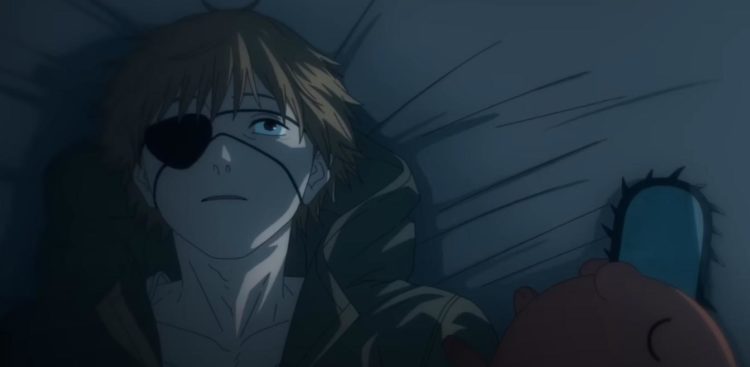 Denji can't sleep as Pochita lays next to him in his home shack