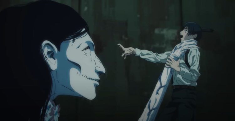 Aki is held by his throat by the Ghost Devil as he stretches out his hand