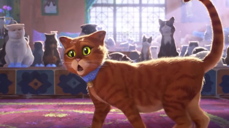 Puss in boots walking in a room full of cats in Puss In Boots: The Last Wish