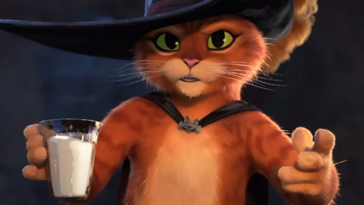 Puss drinking milk in Puss In Boots: The Last Wish