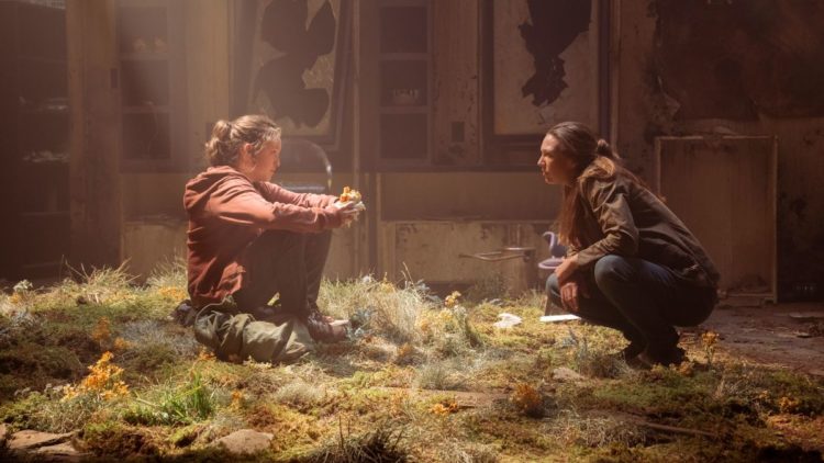 Ellie and Tess sitting on grass in HBO's The Last of Us