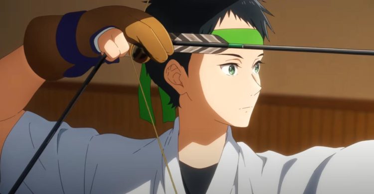 Minato Narumiya pulls his bowstring back during pratice