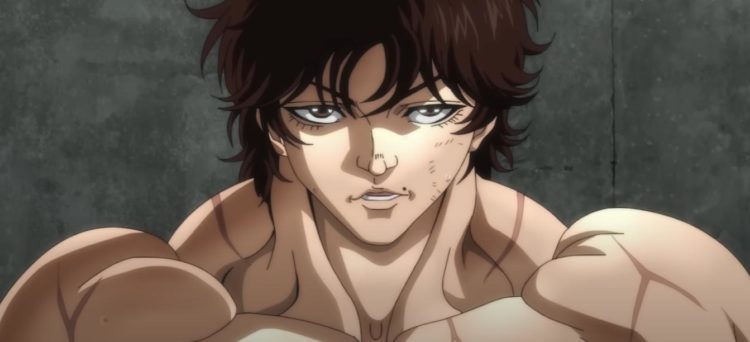 Baki Hanma smiles whilst flexing his scarred shoulder muscles