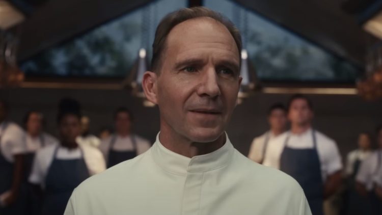 Ralph Fiennes as a chef standing in front of his brigade in The Menu