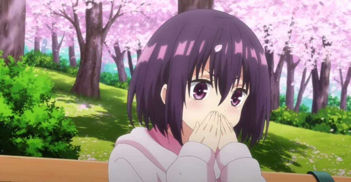 Suzu Kanade puts her hand over her mouth sitting in a cherry blossom tree