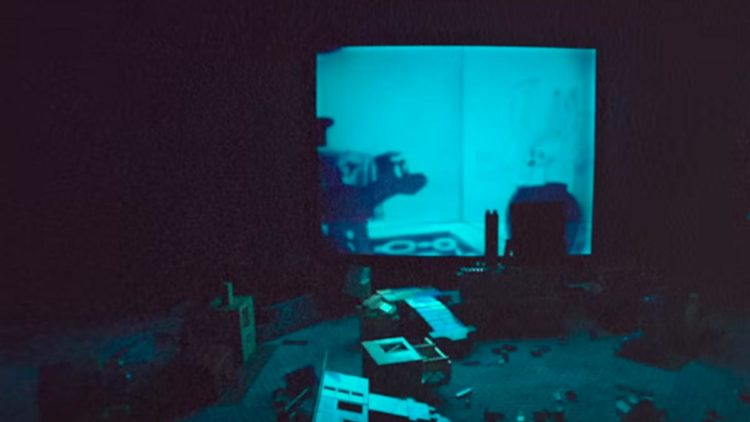 A blue lit room with a TV in the style of Antrum in in Skinamarink co-directed by Josh Bookhalter