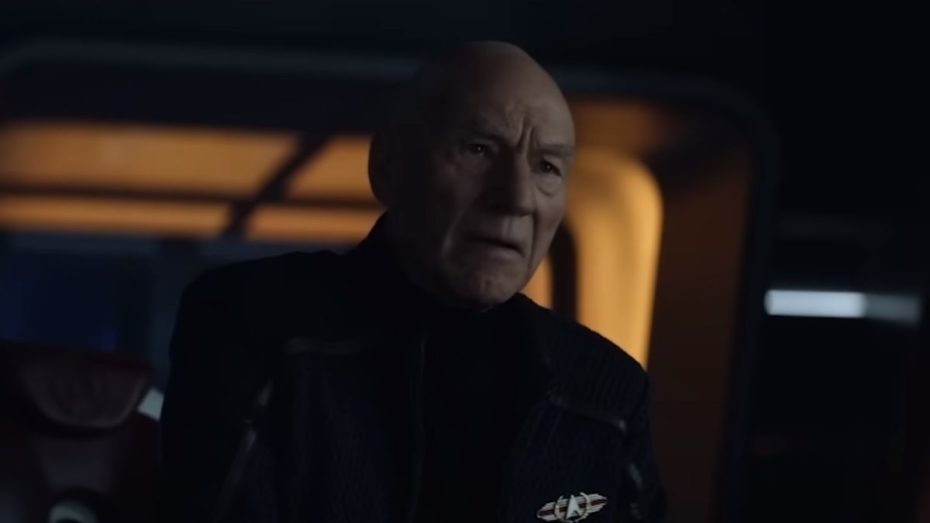 Star Trek: Picard season 3 premiere featuring Patrick Stewart as Jean Luc Picard standing at the bridge wearing a fleet jacket. Picard episode count is 10 with a release date on February 16, 2023