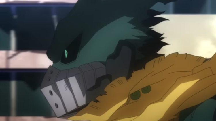 Deku in his mask and rugged clothes in My Hero Academia