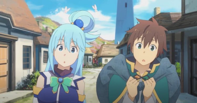 Aqua and Kazuma look confused whilst walking down a town street