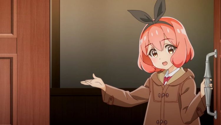 Mai Koshiba welcomes Hime into the cafe in a brown trenchcoat