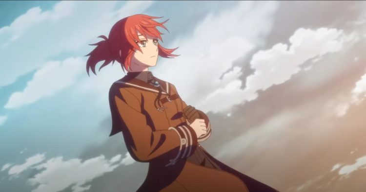 Chise puts on her gloves whilst standing on a wall on a cloudy day