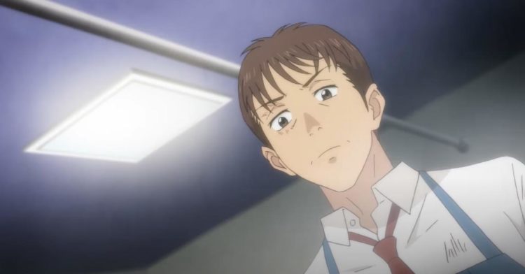 Tetsuo grimaces as he starts to clean the bathroom of blood in a apron