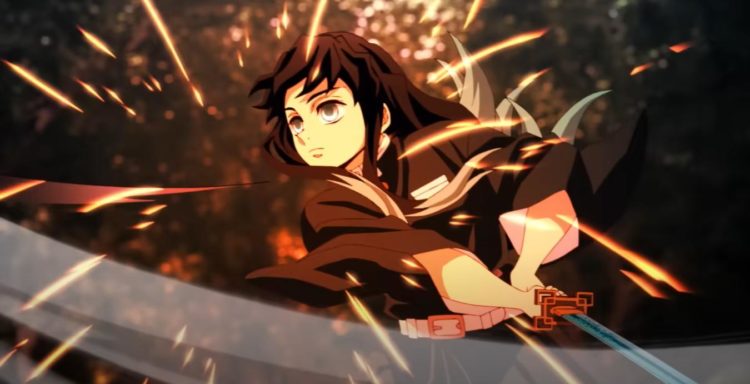 Muichiro swings his sword whilst defending an attack without showing any expression
