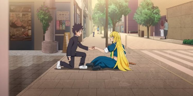 Rokudo helps Ranna to her feet after falling in a street