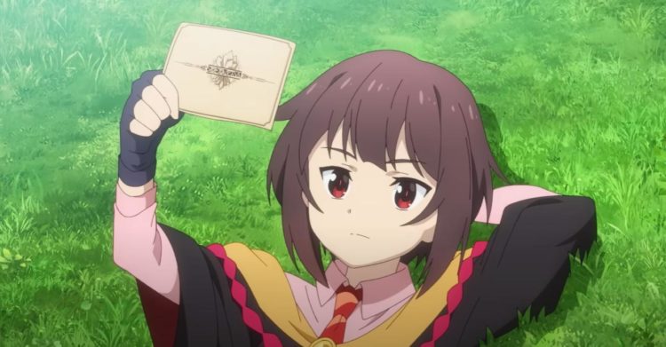 Megumin reads a letter from her parents whilst laying in a grassy field