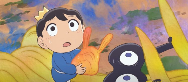 Bojji and Kage look upwards as a giant monster looms over the treeline
