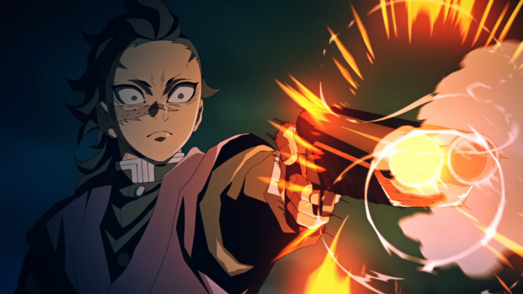 Genya fires a shotgun round off from the swordsmith village rooftop