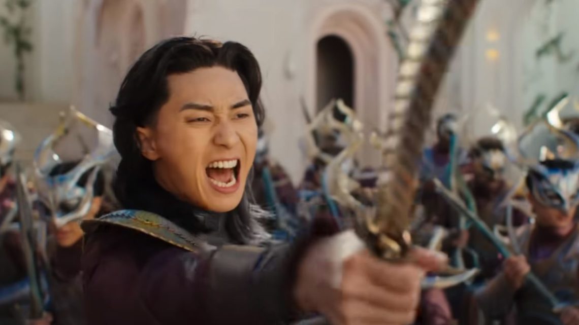 Park Seo Joon in front of an army holding a sword in The Marvels