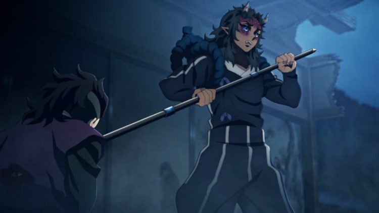 Aizetsu piercing Genya with a spear in Demon Slayer