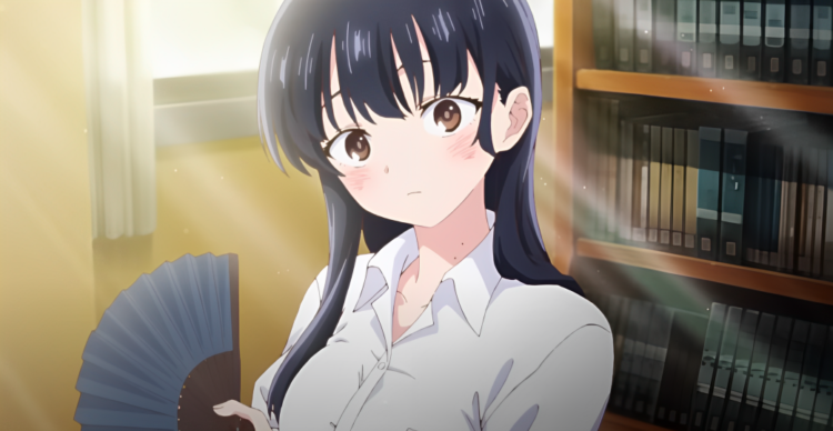 Yamada fans herself and blushes in the library