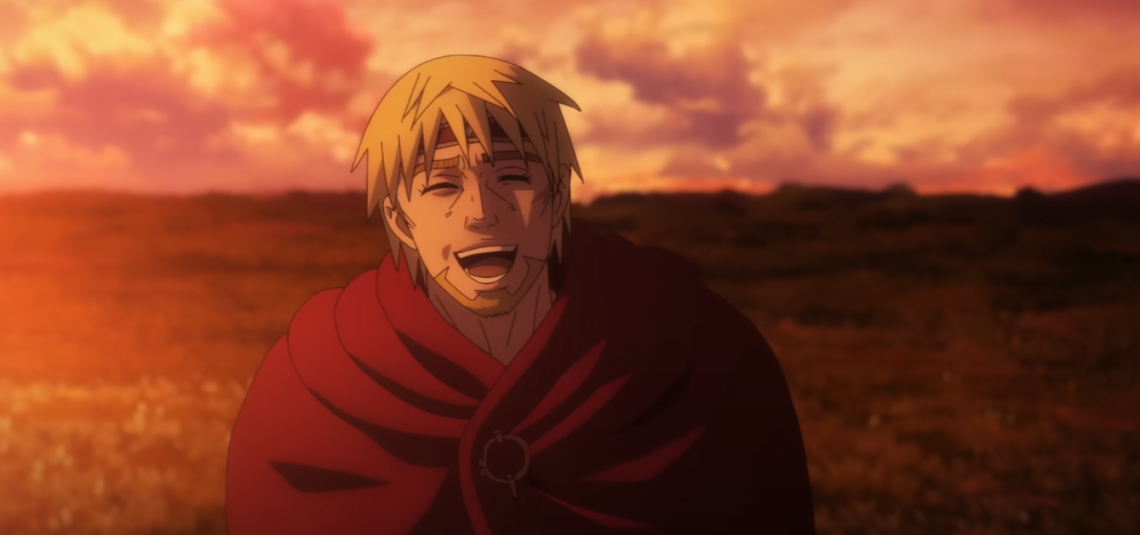 Canute laughs at Thorfinn as the sun sets over Ketil's farm